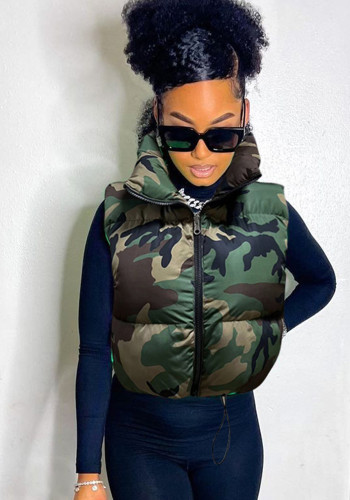 Women Autumn Camouflage Sleeveless Drawstring Style Trendy Padded Vest