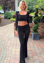 Women's Fashion Solid Color Square Neck Top Low-Waist Bell Bottom Pants Set