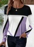 Women's Pullover Round Neck Contrast Color Patchwork Geometric Print Top Women's T-Shirt