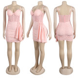 Sexy Slim Beaded Patchwork Sling Pleated Bodycon Dress