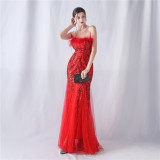 feather sequins mesh patchwork Strapless wedding party dress