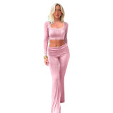 Women's Fashion Solid Color Square Neck Top Low-Waist Bell Bottom Pants Set