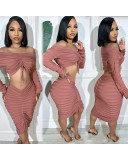 Women's Autumn and Winter Fashion Long Sleeve Off Shoulder Crop Top Drawstring Skirt Knitted two piece Set