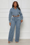 Fashion long-sleeved Denim women's two-piece trousers set