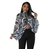 Women's Summer Lace-Up Printed Chiffon Shirt Bat Sleeves Top