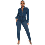 Sexy Fashion Long Sleeve High Stretch Denim Jumpsuit