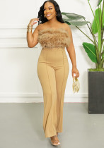 Women's Strapless Feather Top Fashion Sexy Casual Two Piece Pants Set
