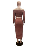 Women's Autumn and Winter Fashion Long Sleeve Off Shoulder Crop Top Drawstring Skirt Knitted two piece Set