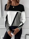 Women's Pullover Round Neck Contrast Color Patchwork Geometric Print Top Women's T-Shirt