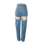 women washed high waist loose Ripped Denim pants