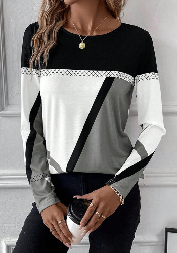 Women's Pullover Round Neck Contrast Color Patchwork Geometric Print Top Women's T-Shirt