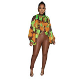 Women's Summer Lace-Up Printed Chiffon Shirt Bat Sleeves Top