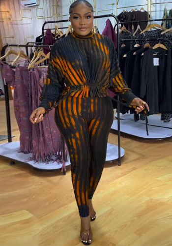 Sexy Striped Printed Drawstring Tight Fitting two piece pants Set