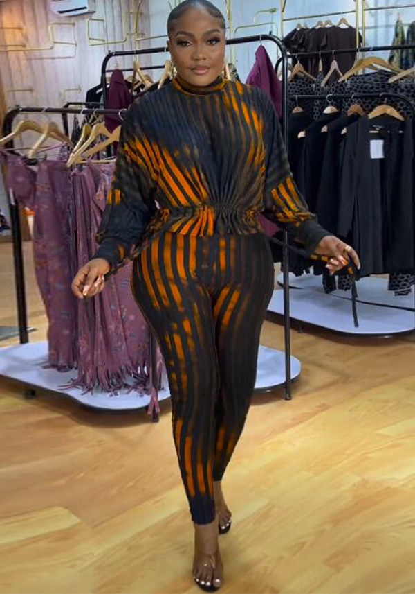 Sexy Striped Printed Drawstring Tight Fitting two piece pants Set