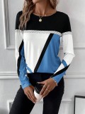 Women's Pullover Round Neck Contrast Color Patchwork Geometric Print Top Women's T-Shirt