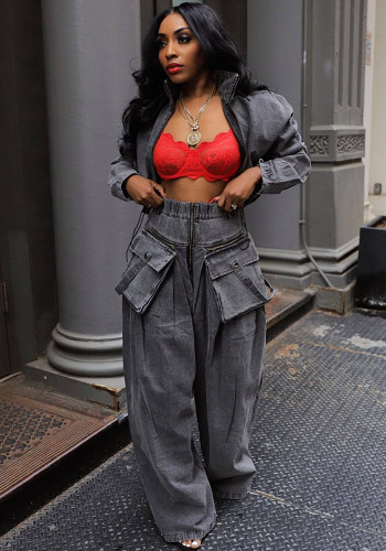 Fashion Retro Wide Leg Loose Denim Two Piece pants Set Women's Clothing