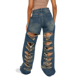 women's loose high-waisted Casual trousers street trendy Ripped Denim pants