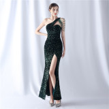 slash shoulder tassels Sequin Wedding Party gown Evening Dress