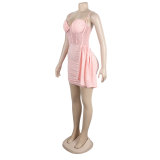 Sexy Slim Beaded Patchwork Sling Pleated Bodycon Dress