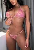 Shiny pink Halter Neck straps sexy Low Back swimsuit two piece bikini set