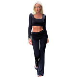 Women's Fashion Solid Color Square Neck Top Low-Waist Bell Bottom Pants Set