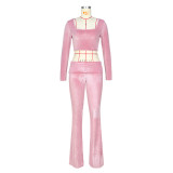 Women's Fashion Solid Color Square Neck Top Low-Waist Bell Bottom Pants Set