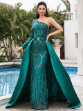 Solid Sequined Slash shoulder Formal Party Long Evening Gown