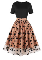 Women's Slim Waist Mesh Patchwork Short Sleeve Round Neck High Waist Chic Retro Swing Dress Women's Slim Waist Mesh Patchwork Short Sleeve Round Neck High Waist Chic Retro Swing Dress