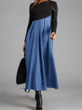 Autumn and Winter Contrast Color V-Neck Long Sleeve Patchwork Swing Dress
