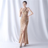 slash shoulder tassels Sequin Wedding Party gown Evening Dress