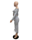 Women's Autumn and Winter Fashion Long Sleeve Off Shoulder Crop Top Drawstring Skirt Knitted two piece Set