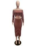 Women's Autumn and Winter Fashion Long Sleeve Off Shoulder Crop Top Drawstring Skirt Knitted two piece Set
