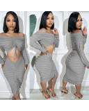 Women's Autumn and Winter Fashion Long Sleeve Off Shoulder Crop Top Drawstring Skirt Knitted two piece Set