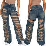 women's loose high-waisted Casual trousers street trendy Ripped Denim pants