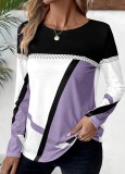 Women's Pullover Round Neck Contrast Color Patchwork Geometric Print Top Women's T-Shirt