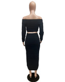 Women's Autumn and Winter Fashion Long Sleeve Off Shoulder Crop Top Drawstring Skirt Knitted two piece Set