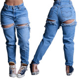 women washed high waist loose Ripped Denim pants