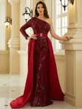 Solid Sequined Slash shoulder Formal Party Long Evening Gown