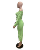 Women's Autumn and Winter Fashion Long Sleeve Off Shoulder Crop Top Drawstring Skirt Knitted two piece Set