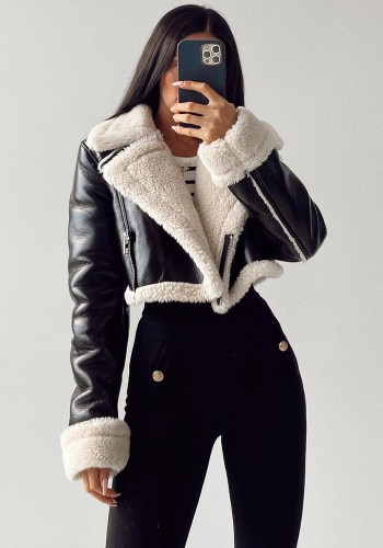 Autumn and winter streetwear Fleece Patchwork long sleeve short jacket