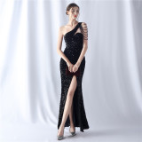 slash shoulder tassels Sequin Wedding Party gown Evening Dress