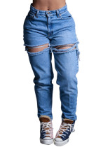 women washed high waist loose Ripped Denim pants