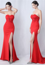 Herringbone Slim Waist structured satin pleated Strapless evening gown Herringbone Slim Waist structured satin pleated Strapless evening gown