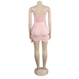 Sexy Slim Beaded Patchwork Sling Pleated Bodycon Dress