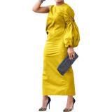 Women Autumn Solid Single Sleeve Hollow Slit Dress