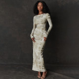 Women Fashion Gathered Printed Dress