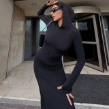 Women fall knitting hooded Bodycon dress