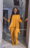 Women Irregular Hem Solid Top and Pant Two-piece Set