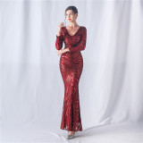 Women colorful sequined long-sleeved evening dress