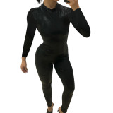 Women Fall Women Clothing Solid PU-Leather Pleated Snake Print Long Sleeve Bodycon Jumpsuit